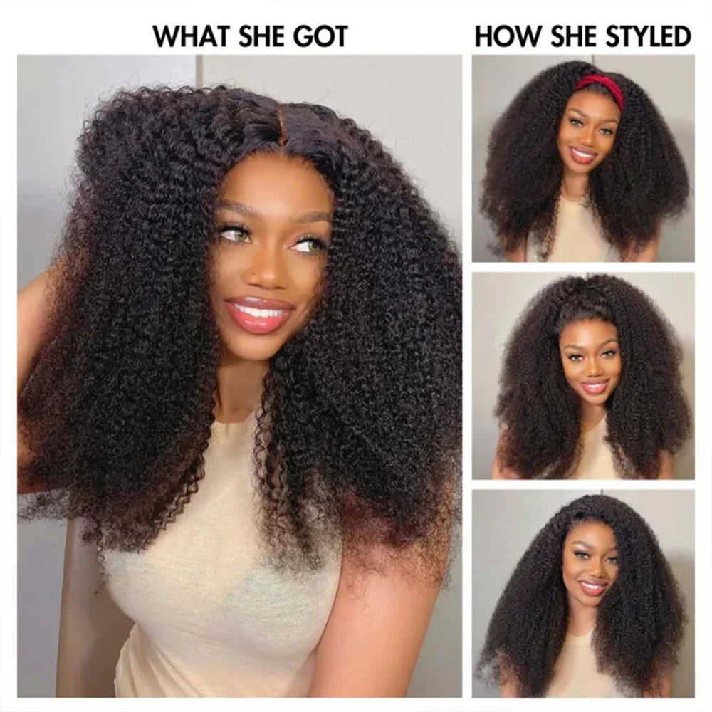 Afro Kinky Curly Wig Fluffy Transparent Lace Front Human Hair Short Curly Wig Natural Black Pre-Plucked Glueless Wig 300% Density