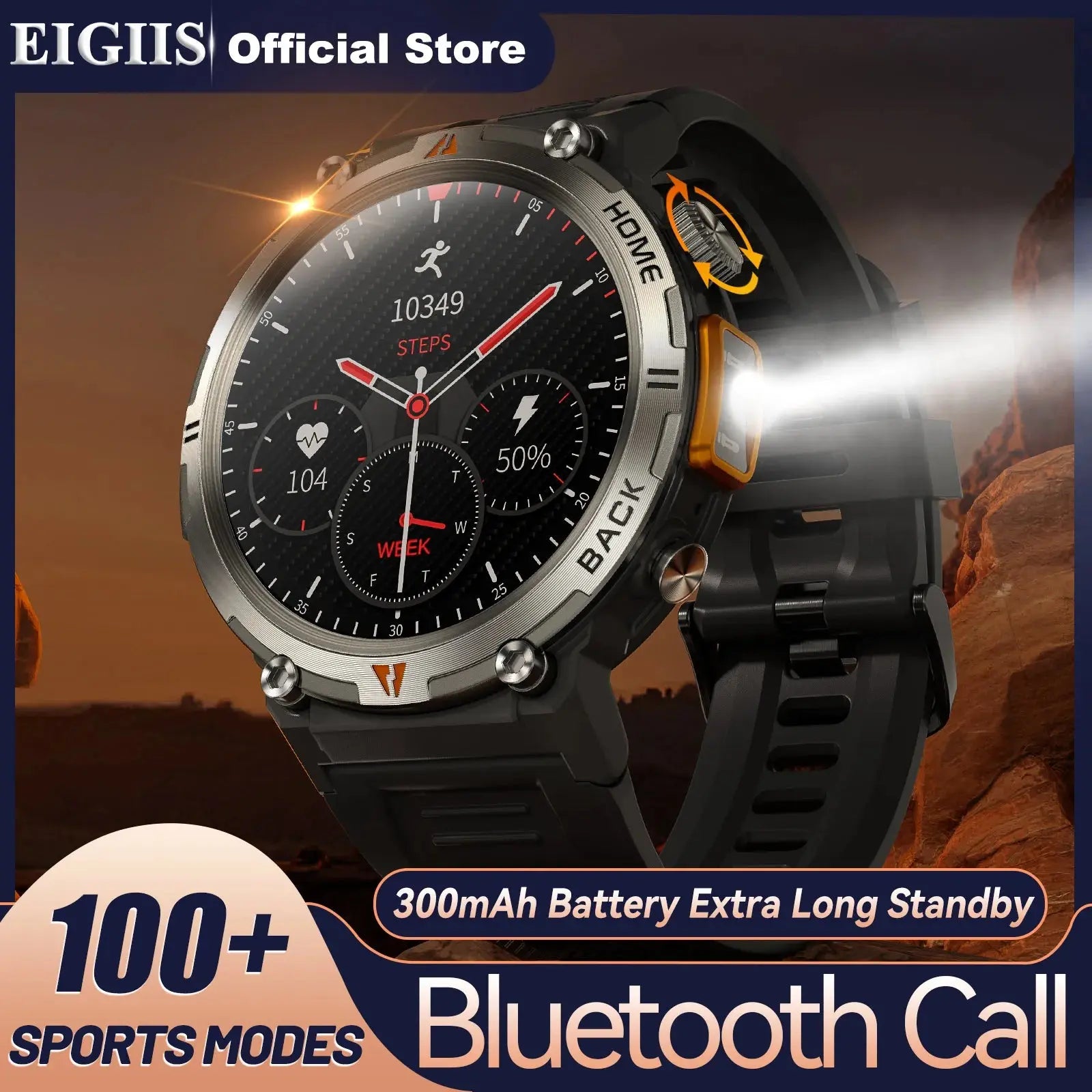 EIGIIS KE3 Bluetooth Call Smart Watch Men Full Touch Screen Health Monitor Clock With Flashlight Men SmartWatch For IOS Android - MaJuah