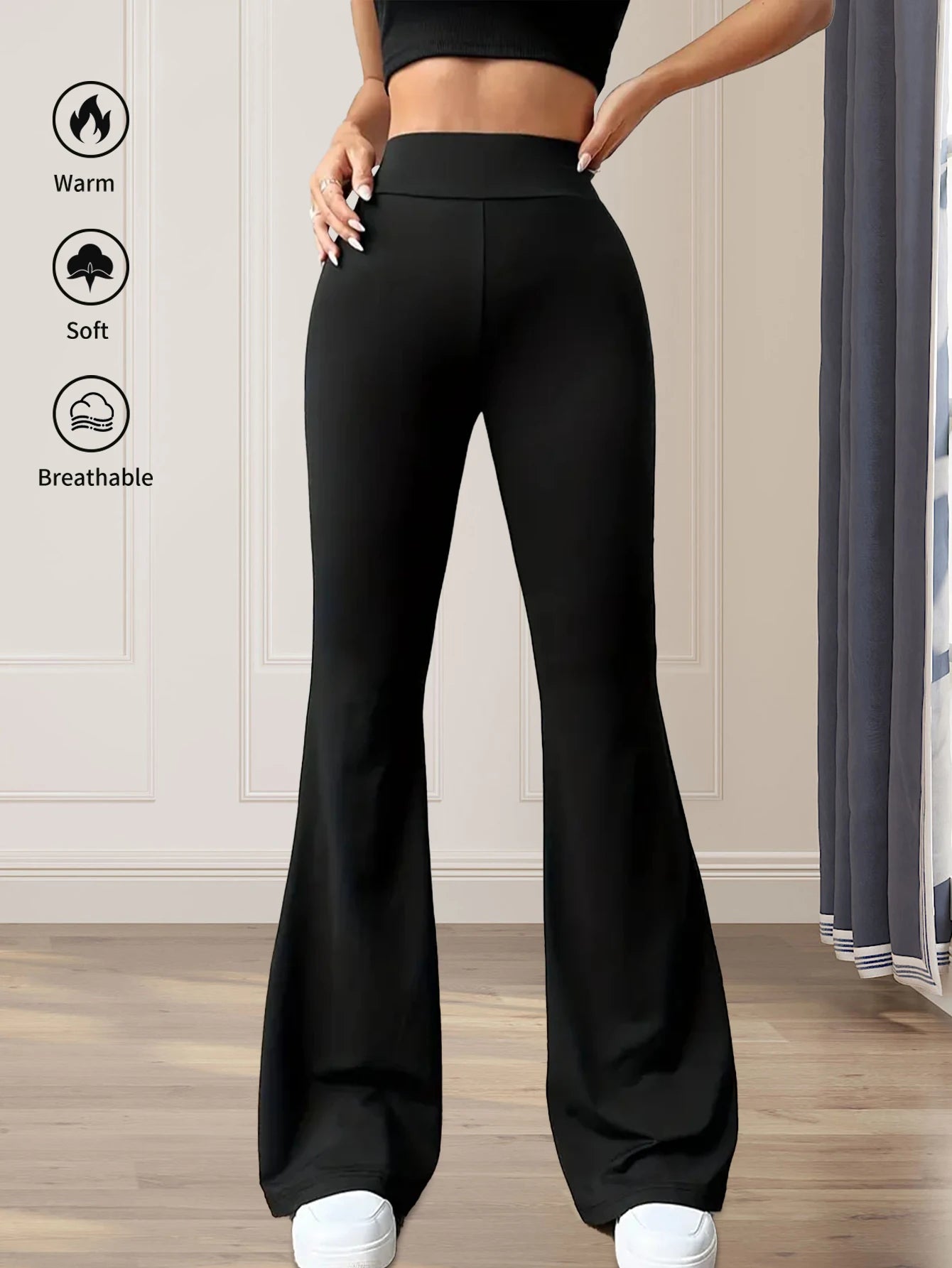 Women's spring and summer high waisted tight fitting flared pants, slim leg long black pants, thin wide leg pants for slim women MaJuah