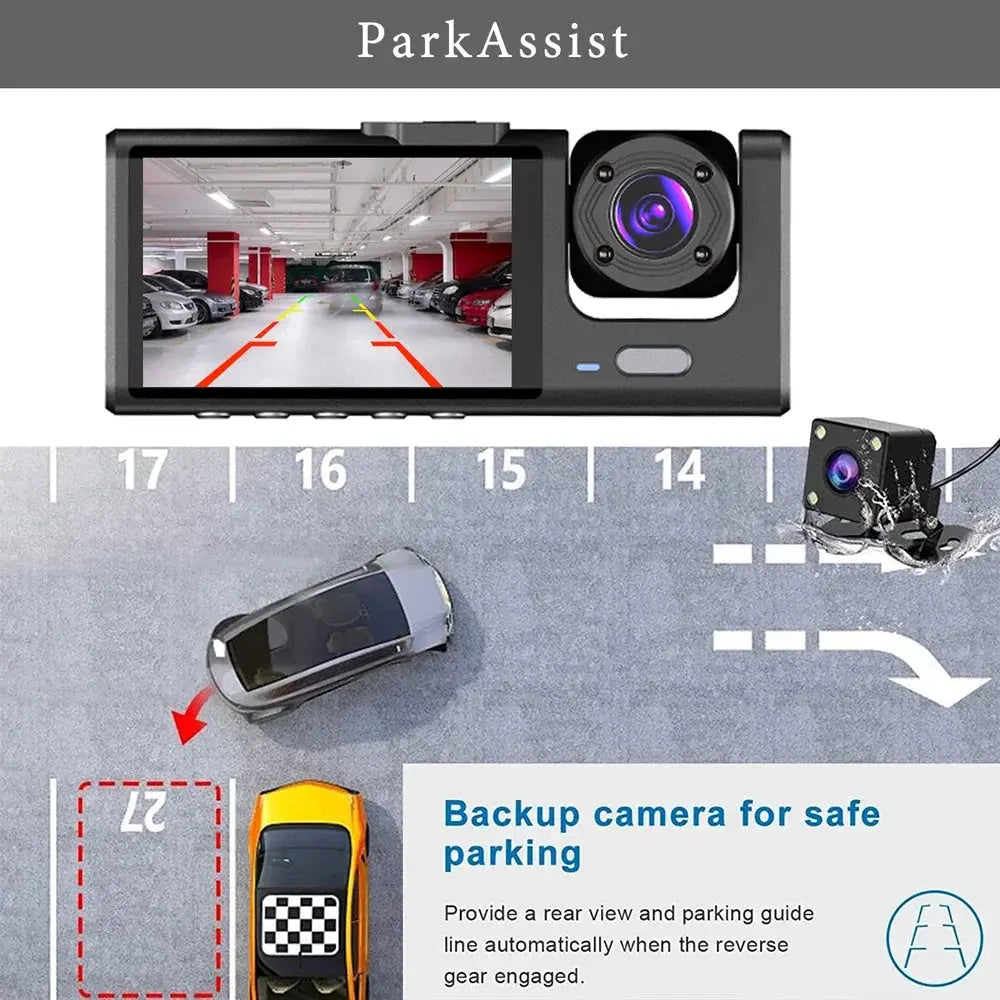 2.0Inch Car DVR Dash Cam HD Dash Camera Three Way Lens Video Recorder 1080P Black Box Cycle Recording Dashcam Camcorder - MaJuah