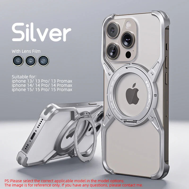 Metal Aluminium Alloy Magnetic Frameless Phone Case For iPhone 14 13 15 Pro Max 360° Stand Rimless Bumper Shockproof Metal Cover