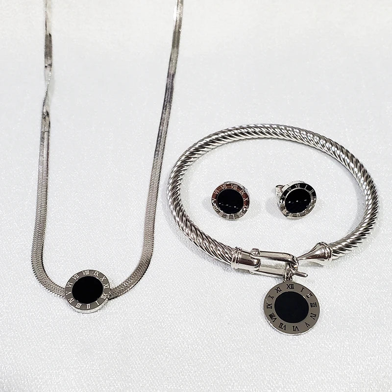 Roman Digital Pendant Electric Button Wire Horseshoe Buckle Bracelet Snake Bone Chain Necklace Earring Set