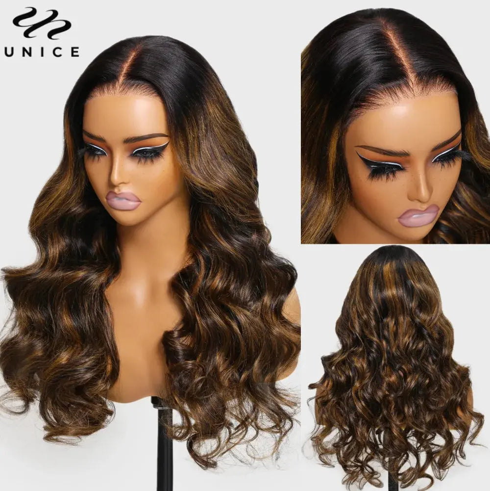 UNice Hair 7x5 Bye Bye Knots Glueless Wig: Brown Balayage Body Wave Wig Pre Cut Pre Bleached Human Hair Lace Wig 150%, Ships From - United States - MaJuah