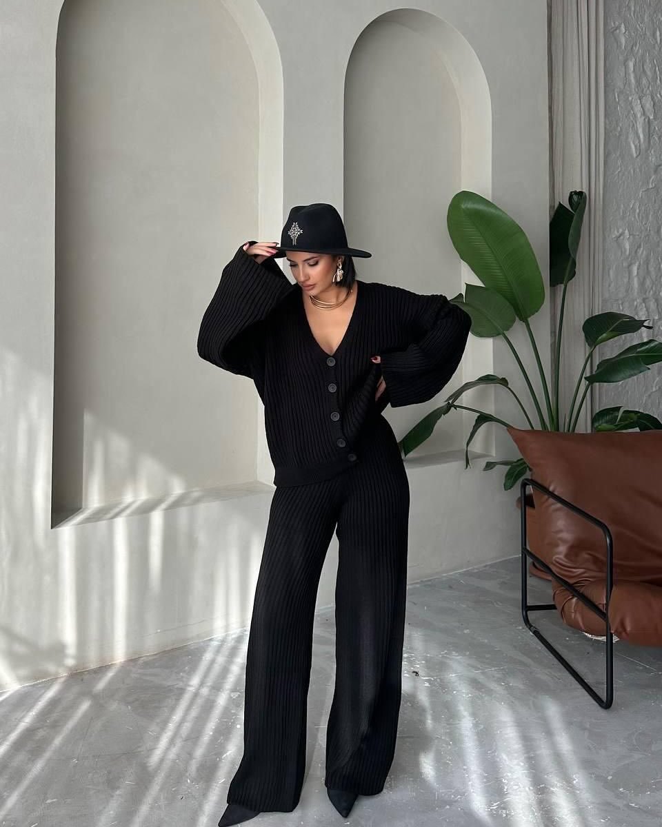 Casual Women's Solid Color Long Sleeve Button Cardigan Sweater Pants Set CozyPet Store