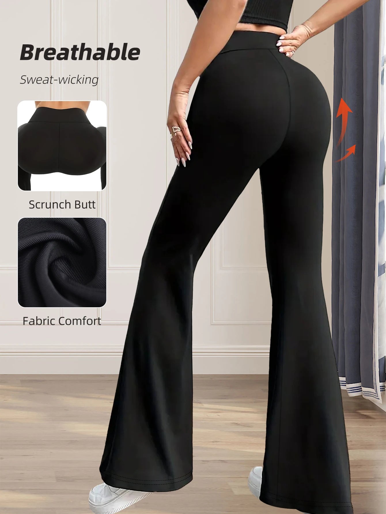 Women's spring and summer high waisted tight fitting flared pants, slim leg long black pants, thin wide leg pants for slim women MaJuah