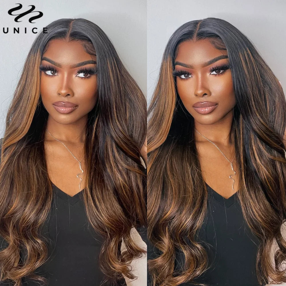 Body Wave 13x5x1 Middle T-Par Lace Front Wig Human Hair Brown Balayage Highlight Lace Frontal Wig PrePlucked Lace Wigs for Women, Ships From - United States