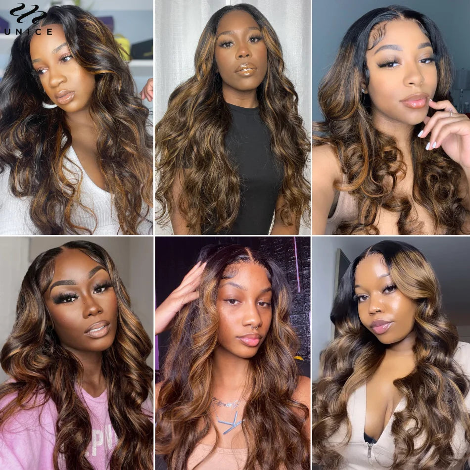 Body Wave 13x5x1 Middle T-Par Lace Front Wig Human Hair Brown Balayage Highlight Lace Frontal Wig PrePlucked Lace Wigs for Women, Ships From - United States