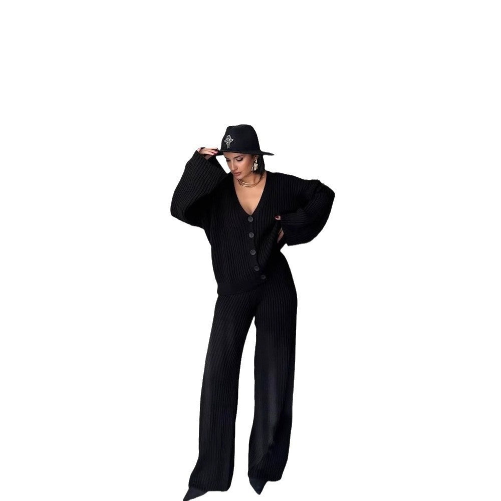 Casual Women's Solid Color Long Sleeve Button Cardigan Sweater Pants Set CozyPet Store
