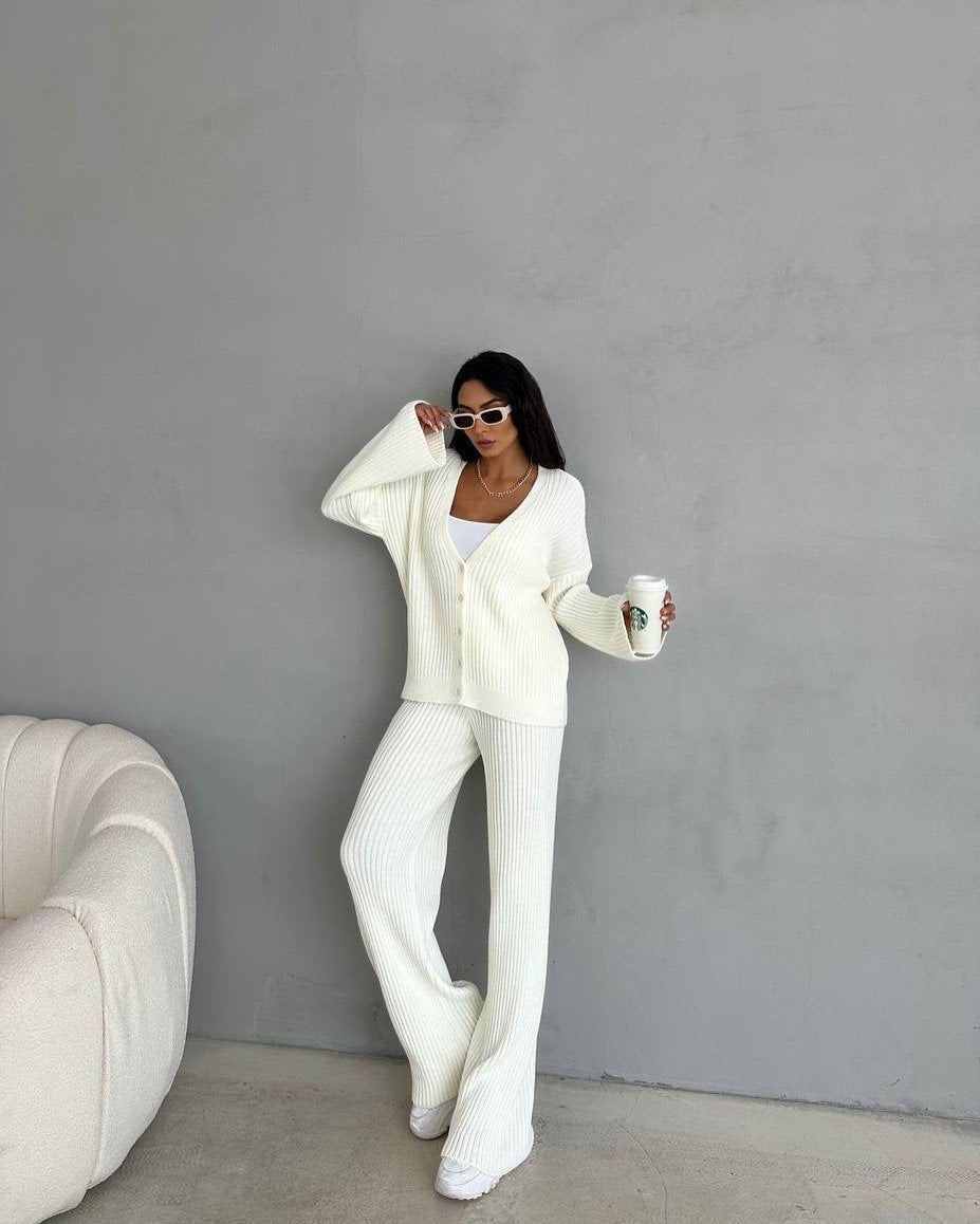 Casual Women's Solid Color Long Sleeve Button Cardigan Sweater Pants Set CozyPet Store