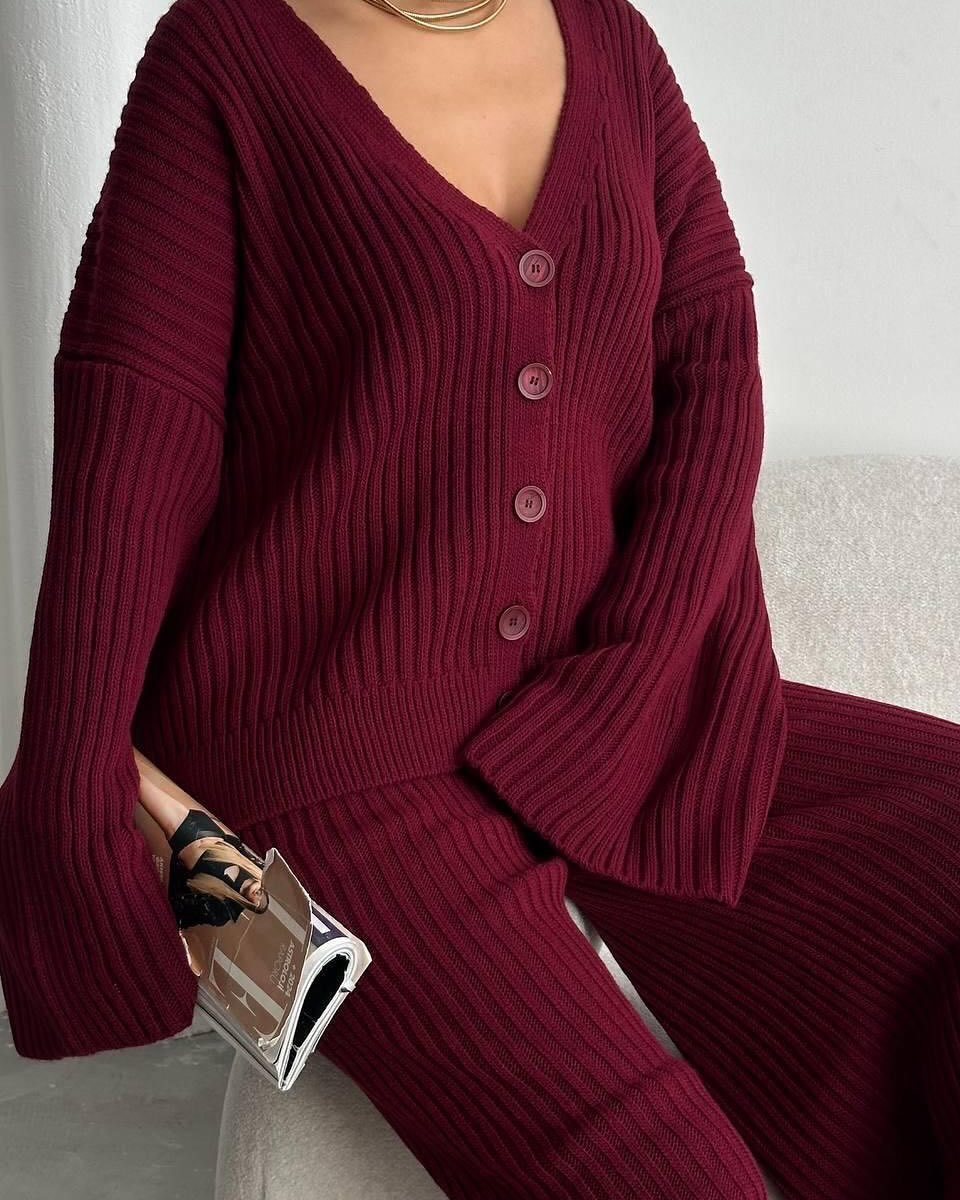 Casual Women's Solid Color Long Sleeve Button Cardigan Sweater Pants Set CozyPet Store