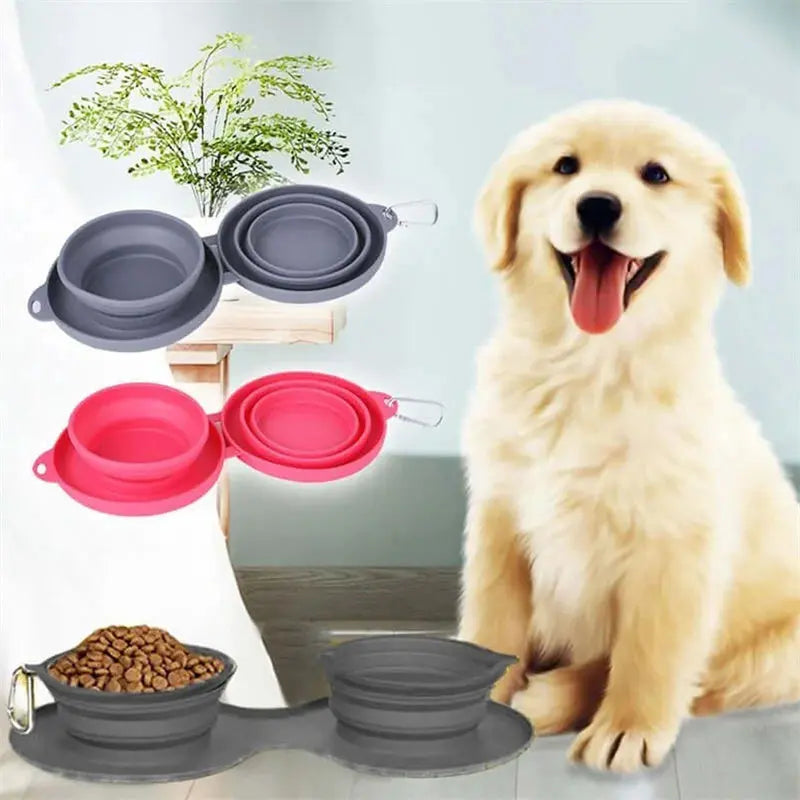 Rubber Foldable Double Bowl Pet Feeding Bowl Pets Supplies Dog Cat Bowls - MaJuah