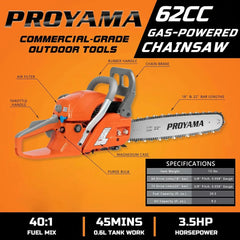 PROYAMA 62CC 2-Cycle Gas Powered Chainsaw, 22 Inch 18 Inch Handheld Cordless Petrol Chain Saw for Tree Wood Cutting