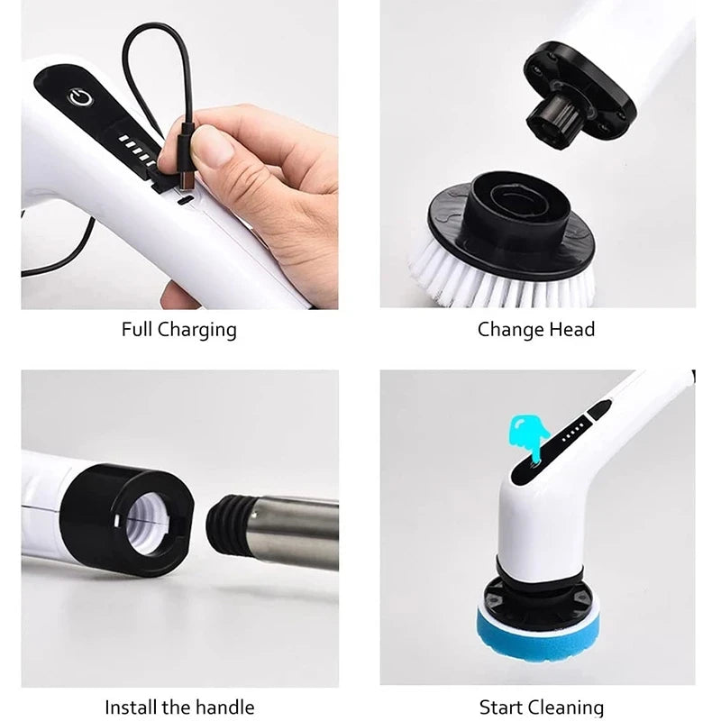 Electric Spin Scrubber Cleaning Turbo Scrub Brush with 7 Replacement Brush Heads Adjustable Handle Kitchen Bathroom Clean Tools
