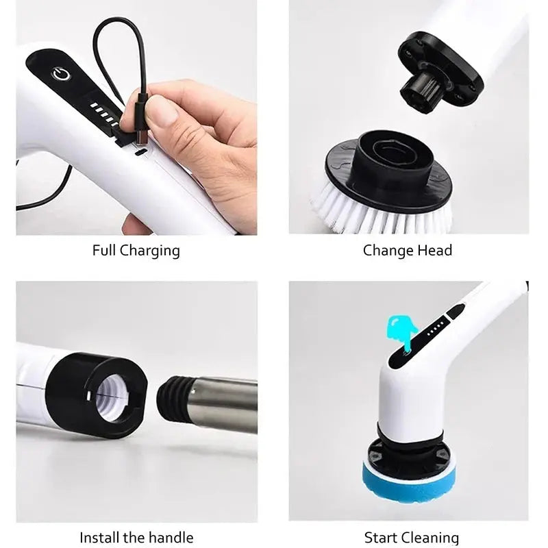 Electric Spin Scrubber Cleaning Turbo Scrub Brush with 7 Replacement Brush Heads Adjustable Handle Kitchen Bathroom Clean Tools - MaJuah