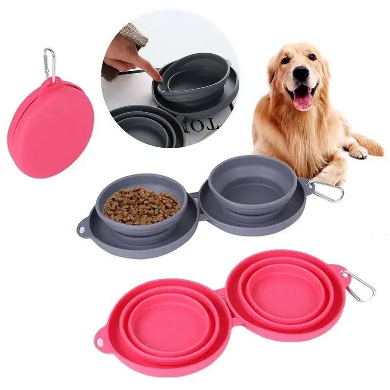 Rubber Foldable Double Bowl Pet Feeding Bowl Pets Supplies Dog Cat Bowls - MaJuah