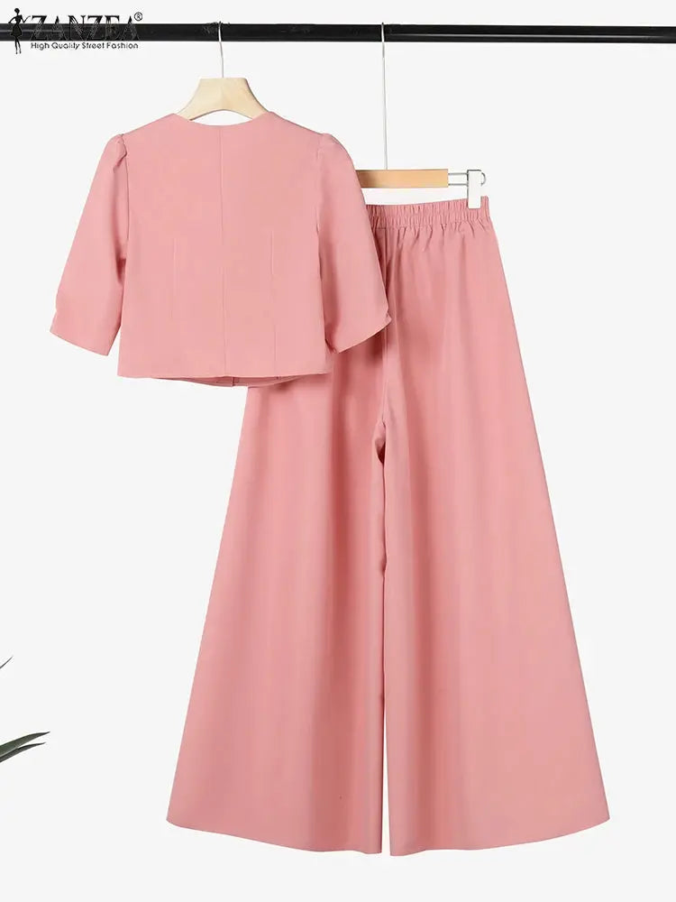 ZANZEA Street Fashion Woman 2 Piece Sets Stylish Short Puff Sleeve Crop Tops Wide Leg Pants 2PCS Outfit Elegant Office Pant Sets ZANZEA Apparels Store