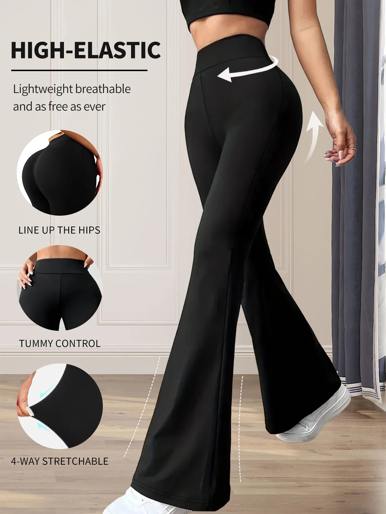 Women's spring and summer high waisted tight fitting flared pants, slim leg long black pants, thin wide leg pants for slim women MaJuah