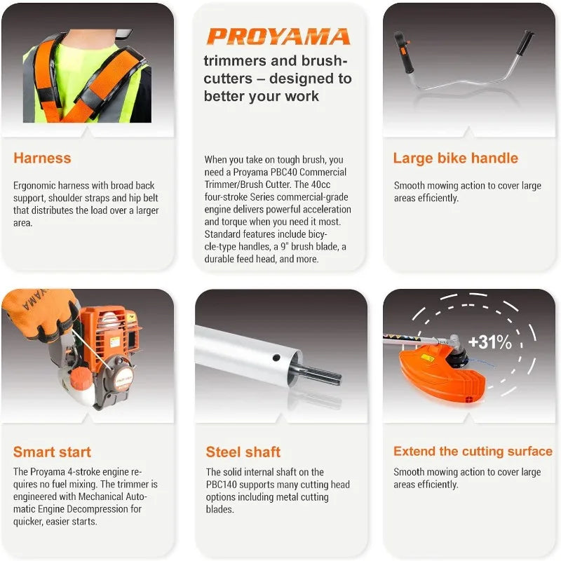 PROYAMA 40cc Gas Powered Brush Cutter, 4-Cycle Weed Eater, 3 in 1 Dual Line Gas String Trimmer and Grass Trimmer