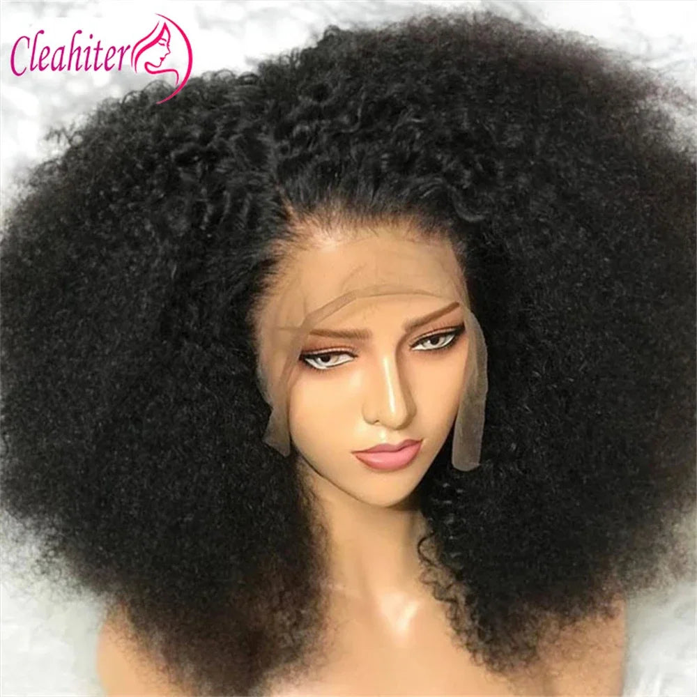 Afro Kinky Curly Wig Fluffy Transparent Lace Front Human Hair Short Curly Wig Natural Black Pre-Plucked Glueless Wig 300% Density