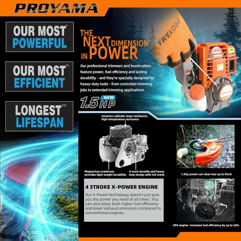 PROYAMA 40cc Gas Powered Brush Cutter, 4-Cycle Weed Eater, 3 in 1 Dual Line Gas String Trimmer and Grass Trimmer