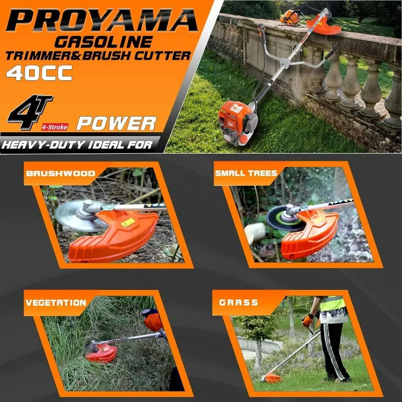 PROYAMA 40cc Gas Powered Brush Cutter, 4-Cycle Weed Eater, 3 in 1 Dual Line Gas String Trimmer and Grass Trimmer