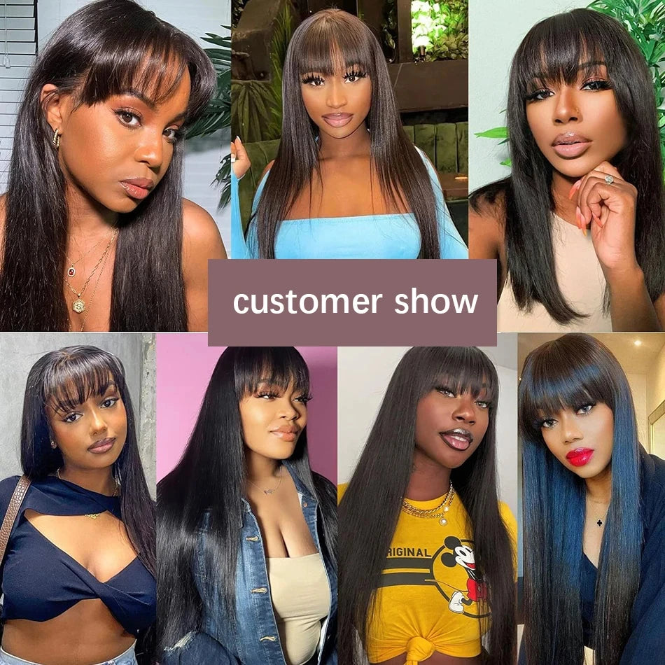 Straight Human Hair Wigs With Bang Full Machine Made Wigs 8-30inch Natural Color Peruvian Remy Human Hair Wigs