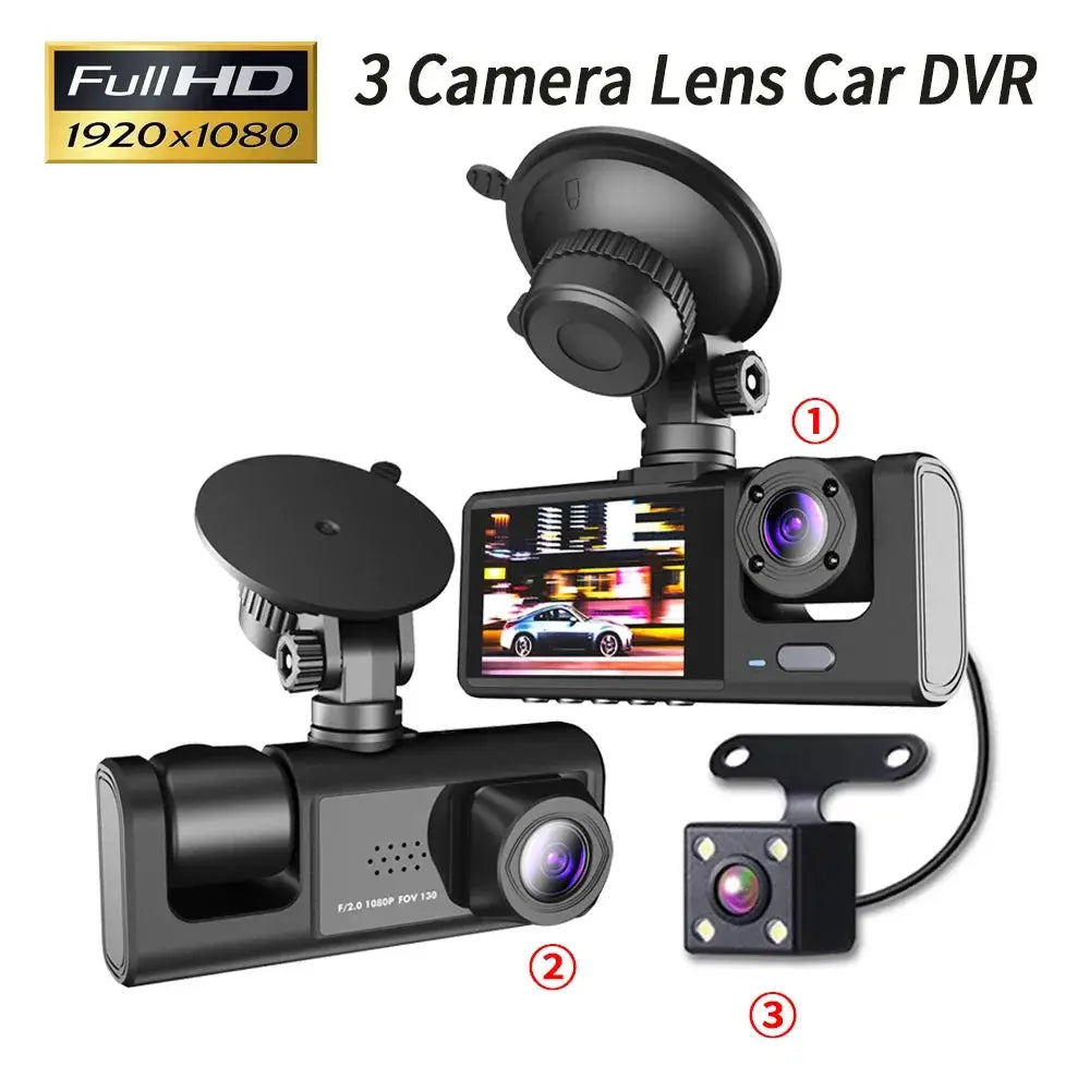 2.0Inch Car DVR Dash Cam HD Dash Camera Three Way Lens Video Recorder 1080P Black Box Cycle Recording Dashcam Camcorder - MaJuah