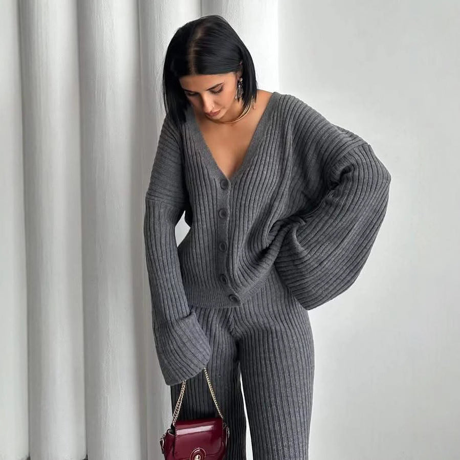 Casual Women's Solid Color Long Sleeve Button Cardigan Sweater Pants Set CozyPet Store