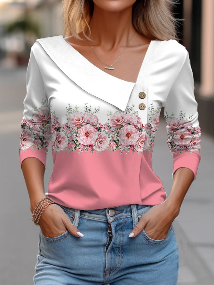 Women Fashion Long Sleeve Top White Floral Print Shirts And Blouses 3D Print Clothes For Women 2024