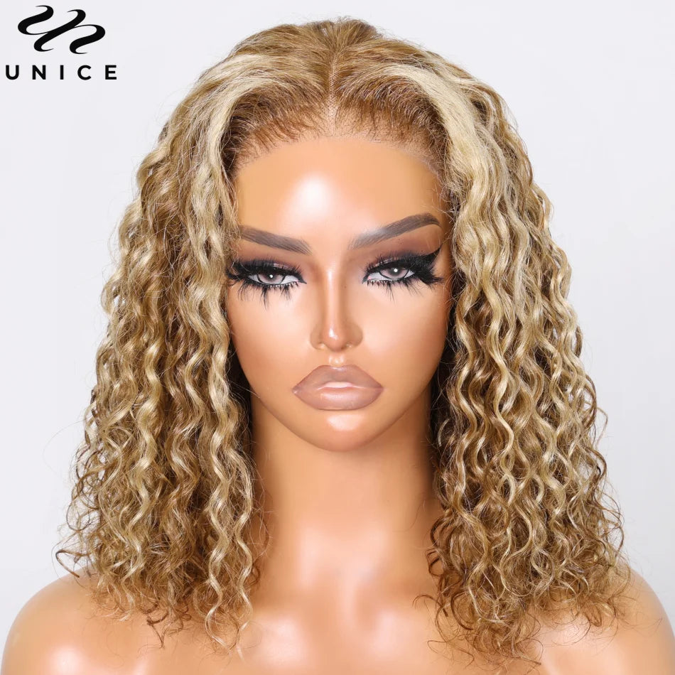 UNice 7x5 Glueless Water Wave Bob Wig Honey Blonde Highlight Pre Bleached Pre Cut Lace Closure Wig Human Hair Wig Ready To Wear, Ships From - United States
