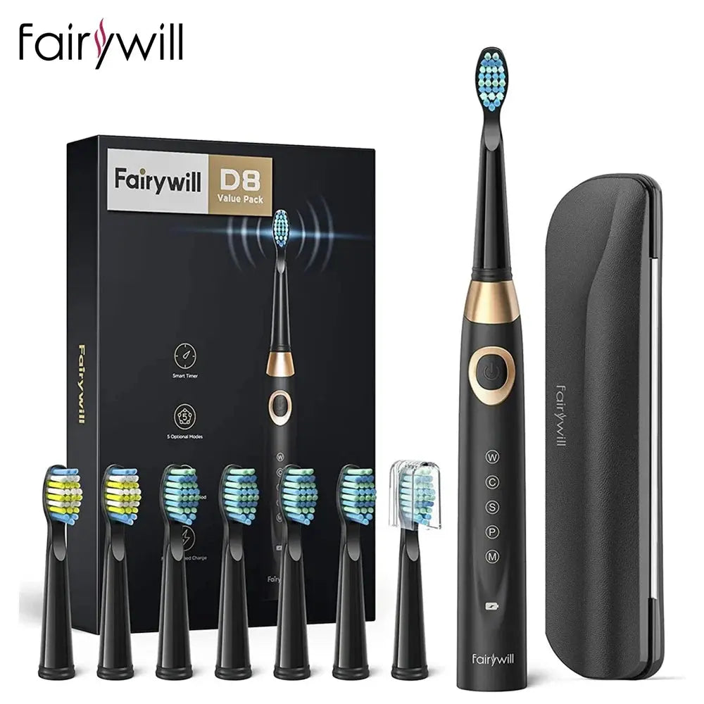 Fairywill Electric Sonic Toothbrush 5 Modes Replacement Heads Waterproof Travel Case Powerful Cleaning Soft Heads Toothbrush Set, Ships From - Russian Federation - MaJuah