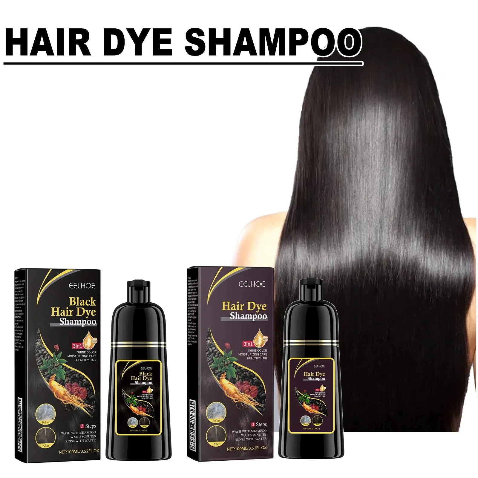 EELHOE 100ml Natural Plant Hair Dye Shampoo 3 in 1 Hair Color Shampoo for Gary Hair Quick Dark Black And Women Men Grey Coverage - MaJuah