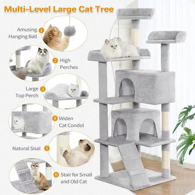 Made4Pets 56-inch Pet Cat Tree For Indoor Cats Multi-Level Cat Tree With 2 Apartments Cat Activity Center With Scratching Posts And Toys Light Gray - MaJuah