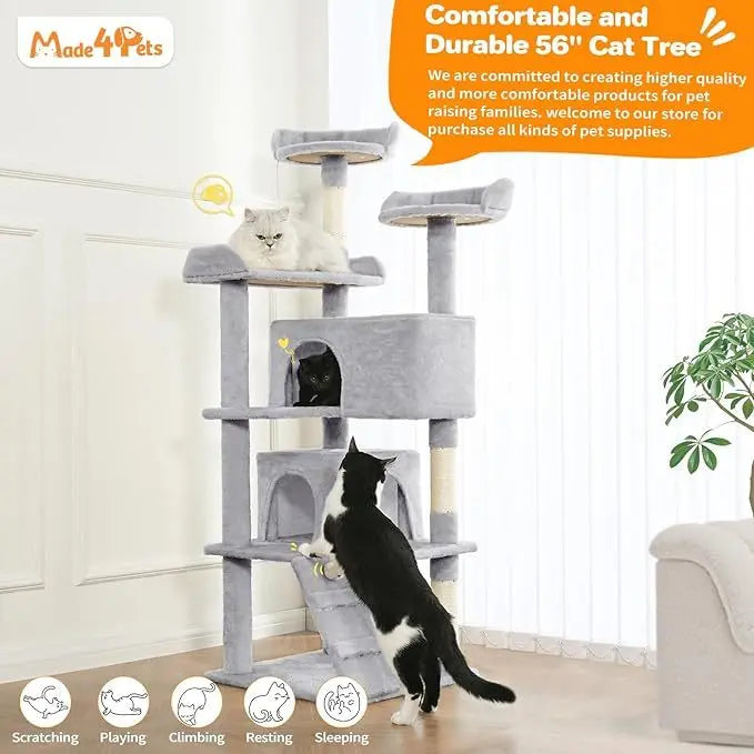 Made4Pets 56-inch Pet Cat Tree For Indoor Cats Multi-Level Cat Tree With 2 Apartments Cat Activity Center With Scratching Posts And Toys Light Gray - MaJuah