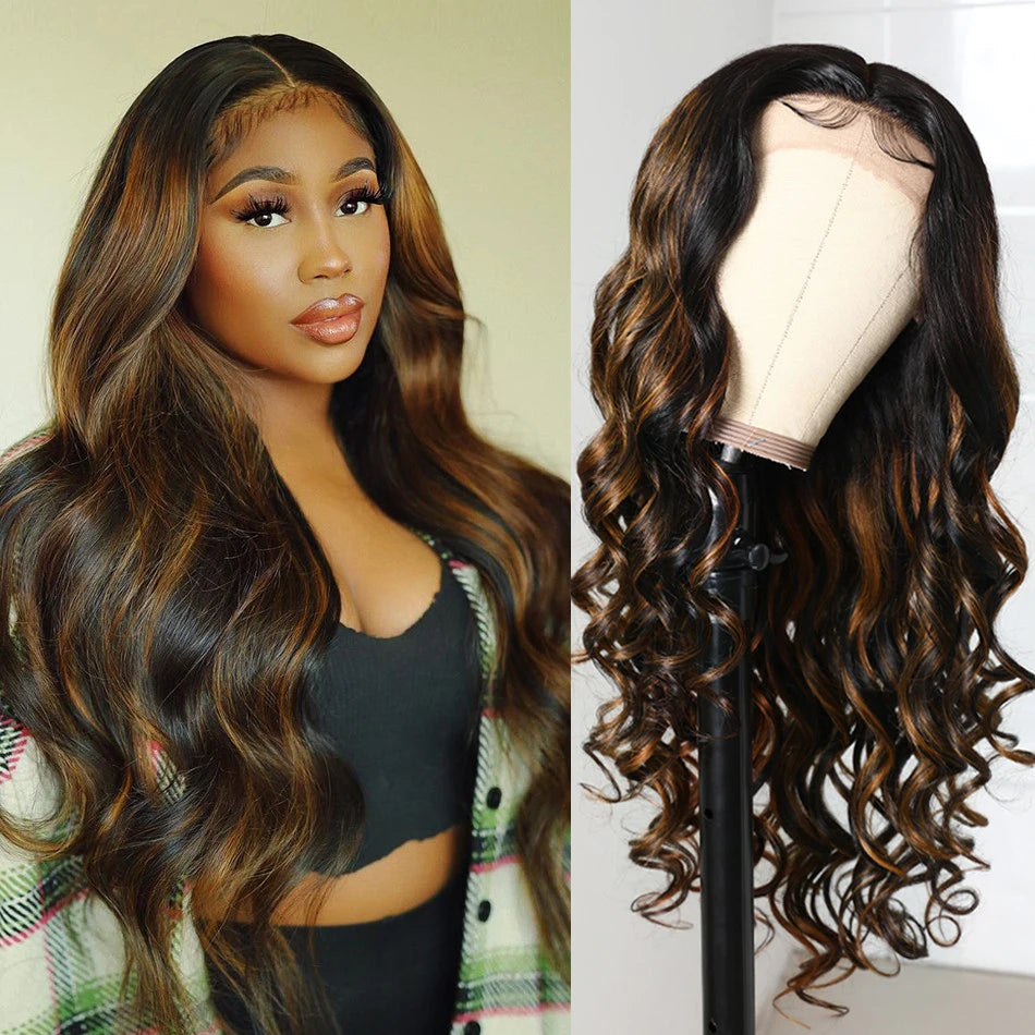 Body Wave 13x5x1 Middle T-Par Lace Front Wig Human Hair Brown Balayage Highlight Lace Frontal Wig PrePlucked Lace Wigs for Women, Ships From - United States