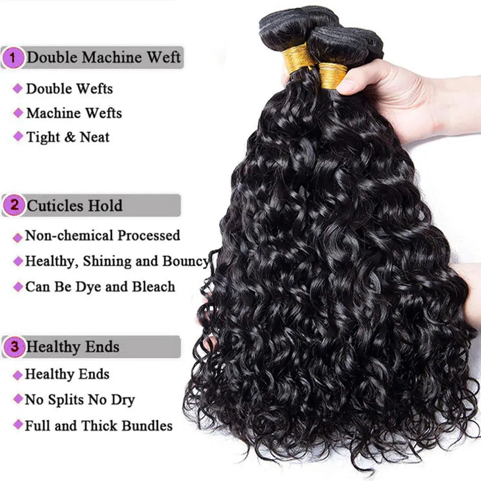 Malaysian Water Wave Bundles With Closure Wet and Wavy Curly Human Hair Bundles With Frontal Closure Remy Hair Weave Extensions - MaJuah
