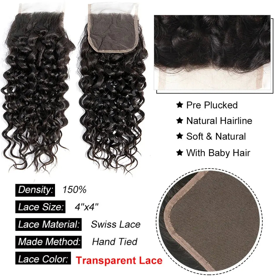 Malaysian Water Wave Bundles With Closure Wet and Wavy Curly Human Hair Bundles With Frontal Closure Remy Hair Weave Extensions - MaJuah