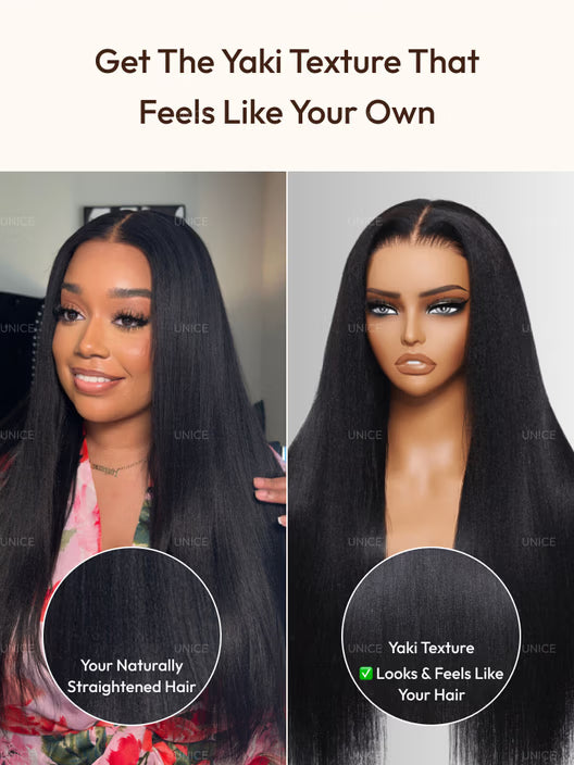 UNice Bye Bye Slip™ Wig 7x5 Glueless Lace Black Yaki Straight Wig With Elastic Drawstring 360 Cozy Hug 180% Density - MaJuah
