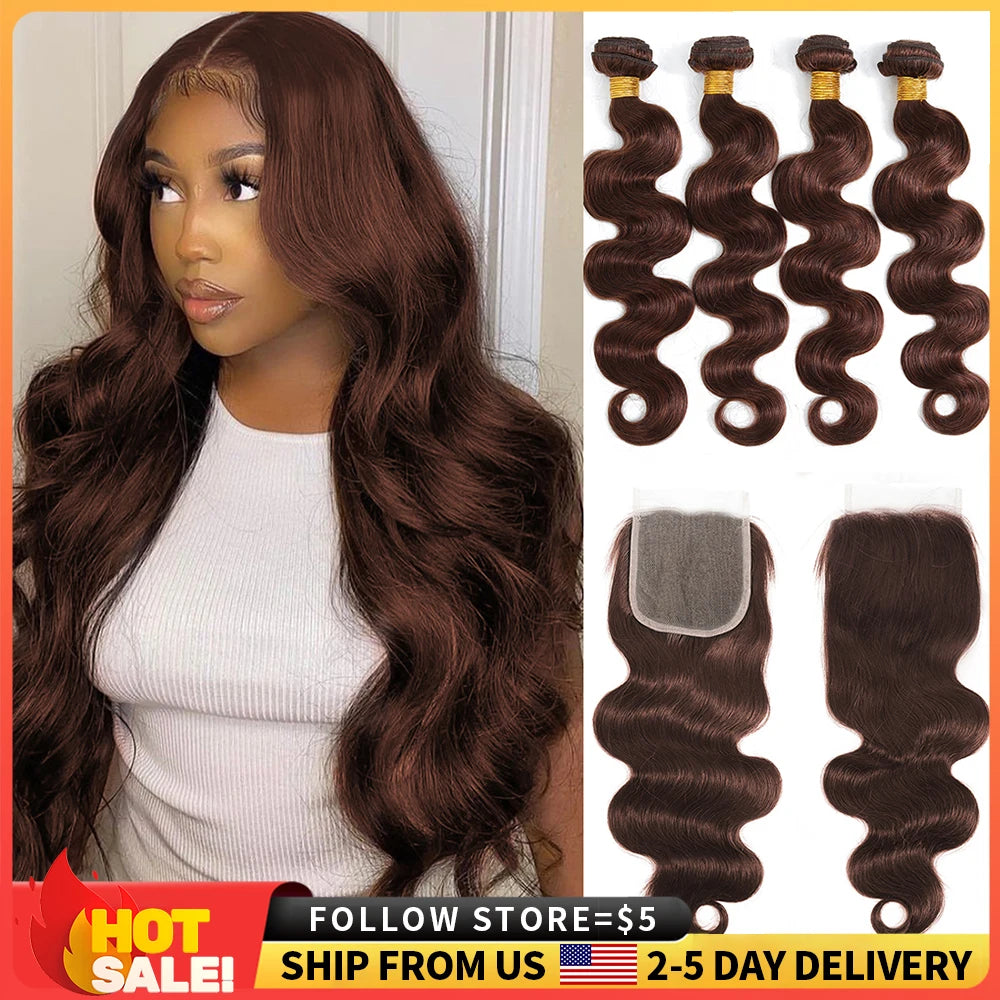 Colored Bundles With Closure Body Wave Brazilian Human Hair Weave Bundles With HD Lace Closure Ombre Brown Extensions For Women