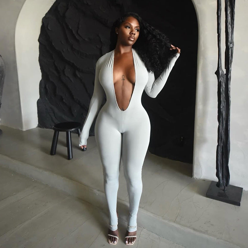 New Women's Fashion Sexy Backless Deep V Long Sleeve Solid Color Tight Jumpsuit CozyPet Store