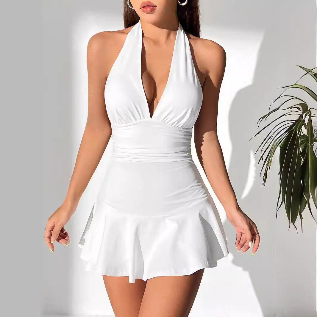 Sexy Deep V-neck Low-cut Tummy-covering Slimming Halter Dress CozyPet Store