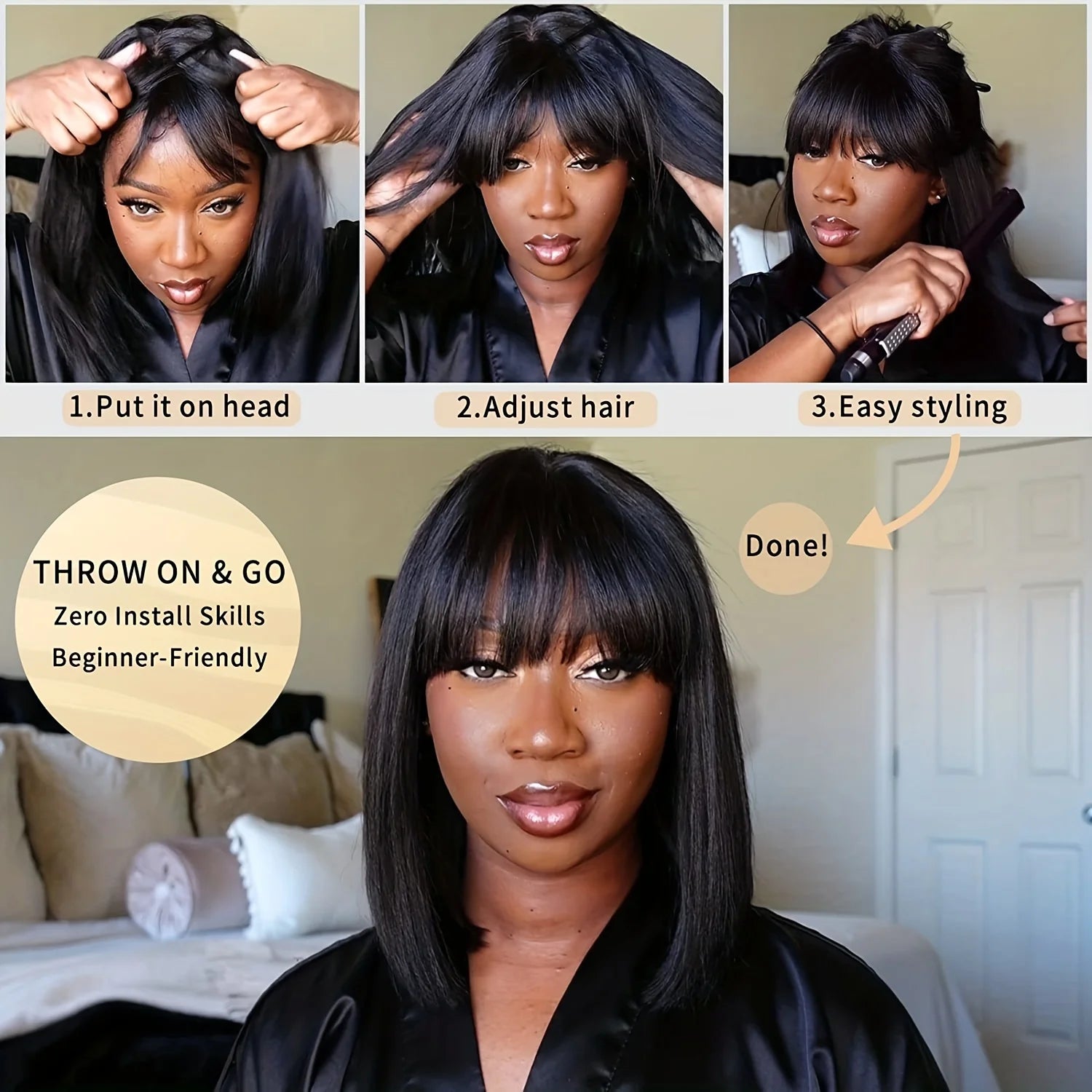 Straight Human Hair Wigs With Bang Full Machine Made Wigs 8-30inch Natural Color Peruvian Remy Human Hair Wigs