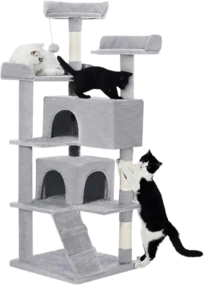 Made4Pets 56-inch Pet Cat Tree For Indoor Cats Multi-Level Cat Tree With 2 Apartments Cat Activity Center With Scratching Posts And Toys Light Gray - MaJuah