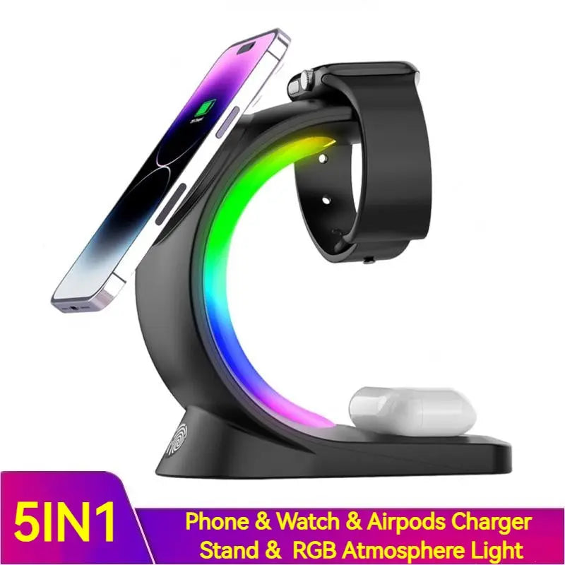 4 In 1 Magnetic Wireless Charger Fast Charging For Smart Phone Atmosphere Light Charging Station For Airpods Pro I-phone Watch - MaJuah