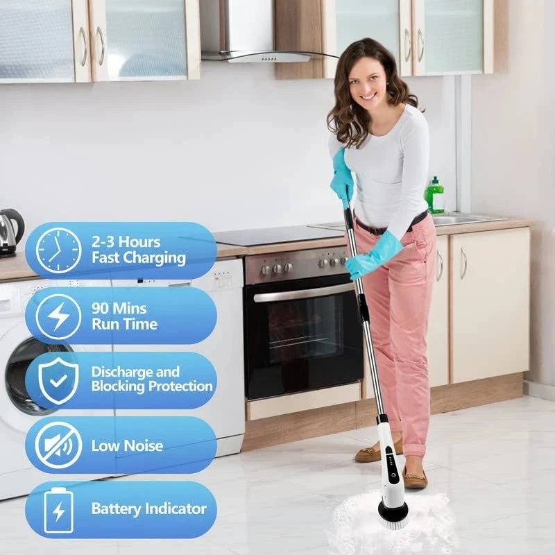 Electric Spin Scrubber Cleaning Turbo Scrub Brush with 7 Replacement Brush Heads Adjustable Handle Kitchen Bathroom Clean Tools