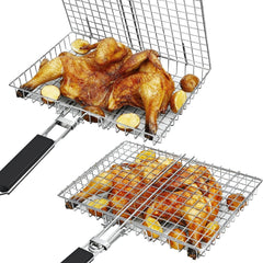 Outdoor Camping BBQ Folding Grilling Basket: Stainless Steel Foldable Grill Rack for Seafood, Steak, and Vegetables