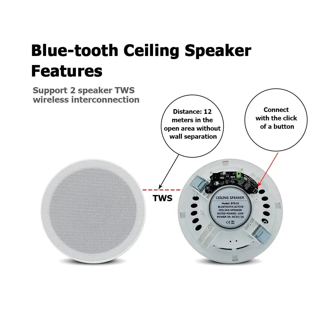 Bluetooth In-ceiling Speaker 6'' 10W Moisture-proof Flush Mount Loudspeaker Built In Class D Amplifier Audio Sound System Indoor - MaJuah