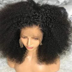 Afro Kinky Curly Wig Fluffy Transparent Lace Front Human Hair Short Curly Wig Natural Black Pre-Plucked Glueless Wig 300% Density