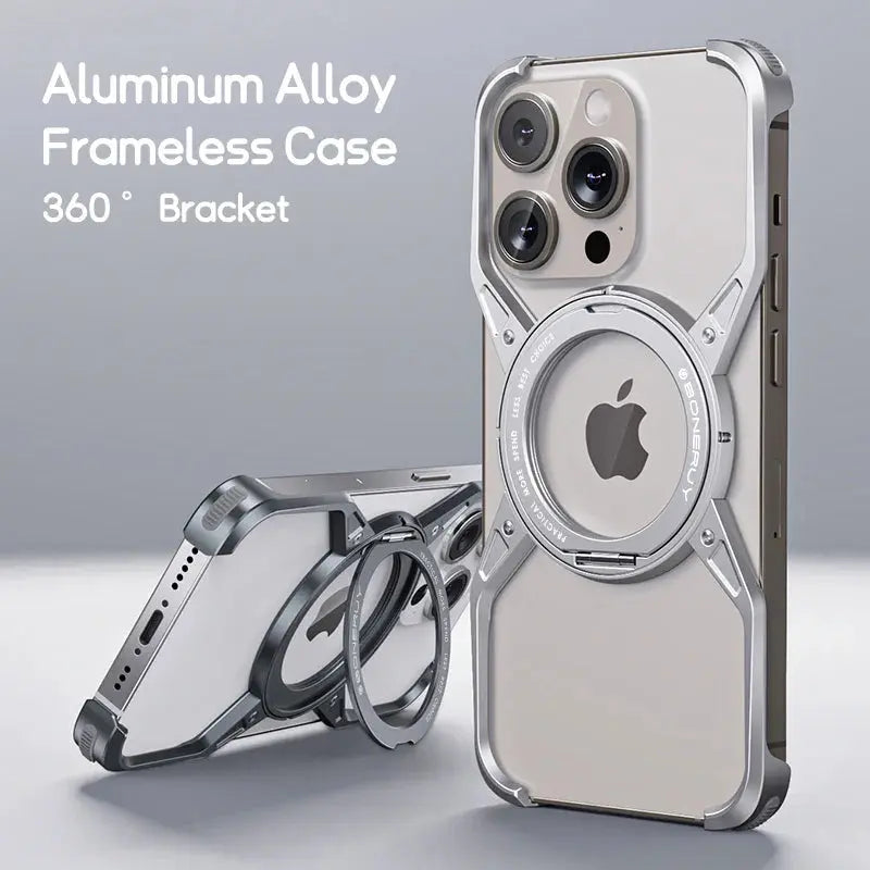 Metal Aluminium Alloy Magnetic Frameless Phone Case For iPhone 14 13 15 Pro Max 360° Stand Rimless Bumper Shockproof Metal Cover - MaJuah