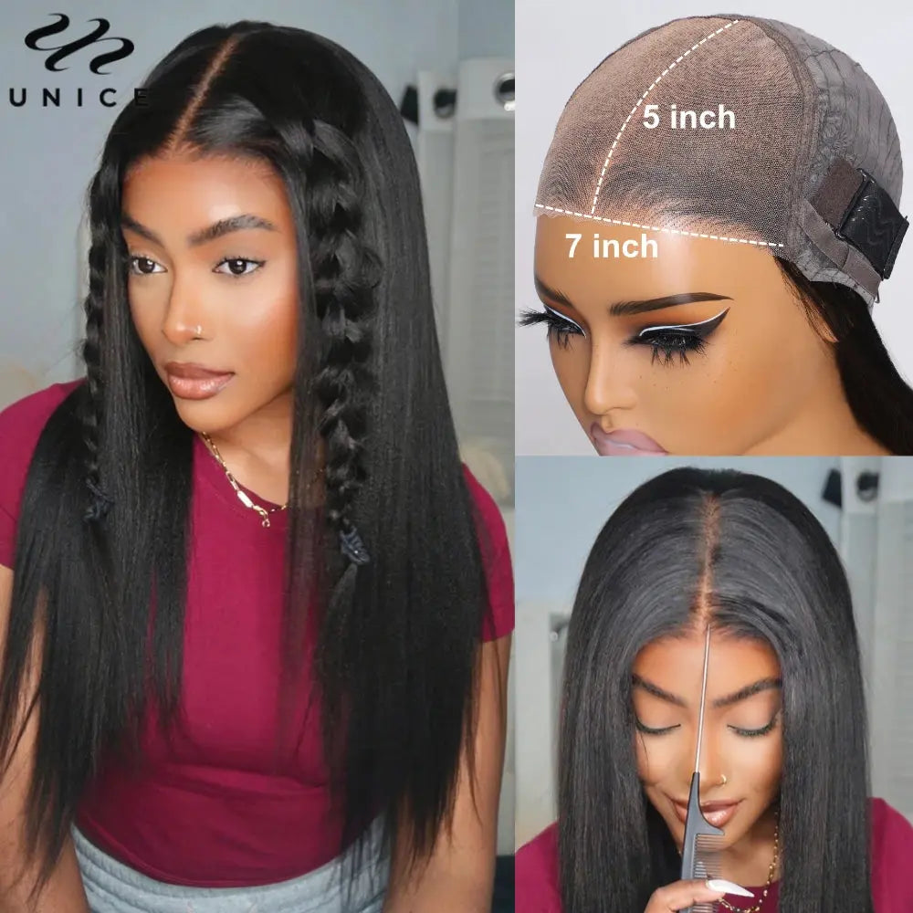 UNICE Hair Yaki Straight 7x5 Lace Closure Glueless Wigs Human Hair Ready To Wear Pre Cut Pre Bleached Pre Plucked Lace Wig - MaJuah